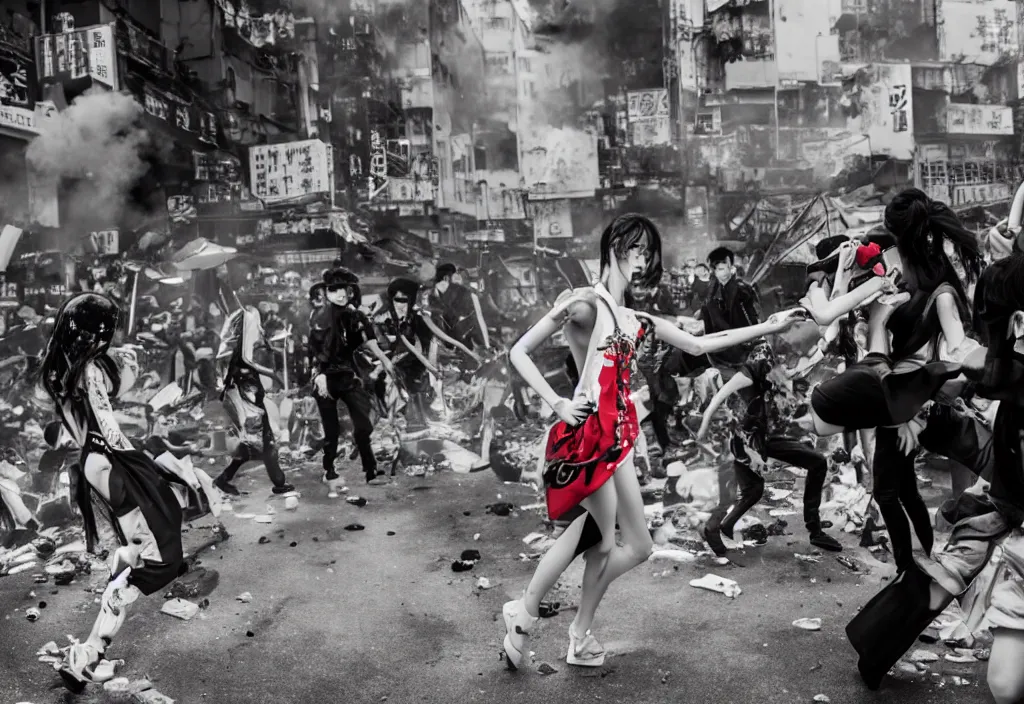 Image similar to fashion editorial in hong kong riot.