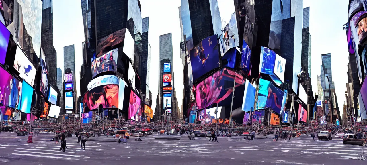 Prompt: The tesseract vortex portal to another dimension opens up in the middle of Times Square in New York city. Photorealistic.