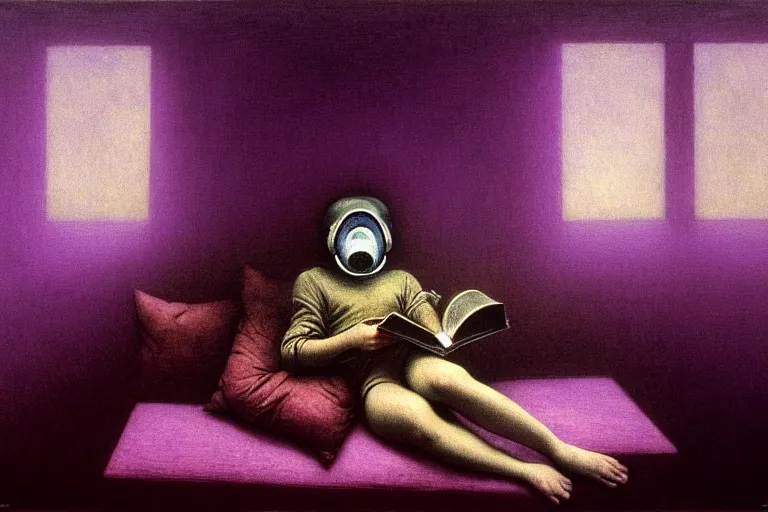 Prompt: girl with wearing a gas mask lying on the sofa reading a book in her room, in the style of beksinski, peaceful, calm, ambient, dreamy, intricate and epic composition, purple by caravaggio, insanely quality, highly detailed, masterpiece, purple light, artstation, 4 k