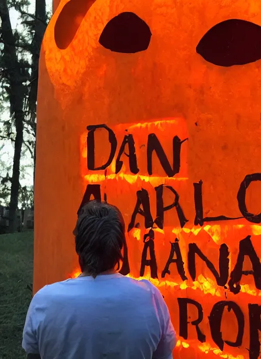 Image similar to giant orange glowing humanoid with a sign saying Daniel Aros