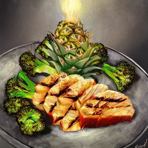 Image similar to a plate of seared glazed pork with a side of grilled pineapple and long broccoli, rpg item, fantasy concept art by craig mullins