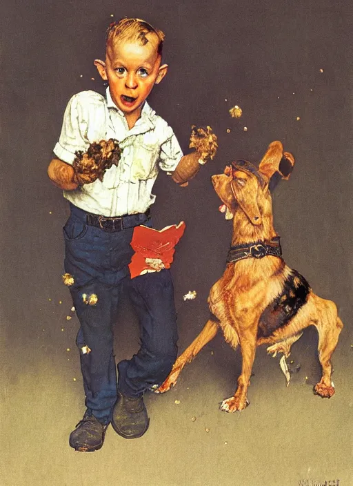 Image similar to a norman rockwell painting of an exploding dog