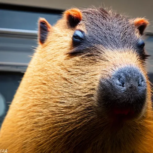 Image similar to a high detail photo of an antropomorphic capybara wearing a suit, subject= duck, subject detail: wearing a suit, photorealism