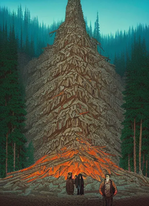 Prompt: Twin Peaks poster artwork by Michael Whelan and Tomer Hanuka, Rendering of log pile factory, owl invade the factory, full of details, by Makoto Shinkai and thomas kinkade, Matte painting, trending on artstation and unreal engine