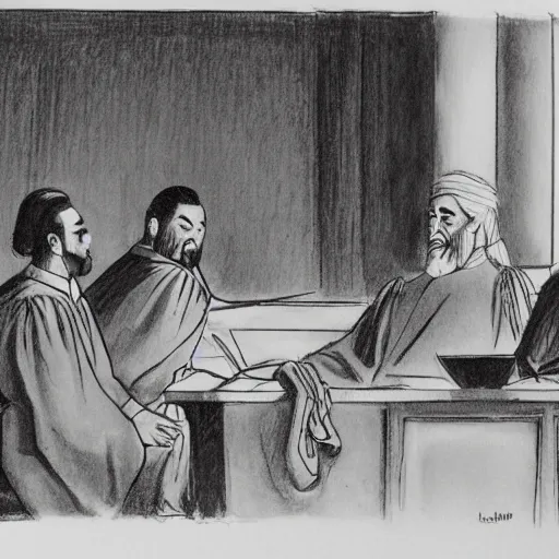 Prompt: Confucius in the american courtroom sketch by John M. Downs and Leo Hershfield