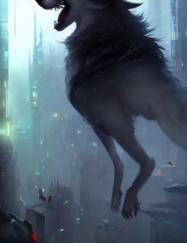 Prompt: beautiful dark gray anthropomorphic wolf with long red hair in a futuristic city. character design by cory loftis, fenghua zhong, ryohei hase, ismail inceoglu and ruan jia. artstation, volumetric light, detailed, photorealistic, fantasy, rendered in octane
