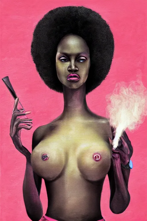 Image similar to A beautiful tall black woman with dark skin and a pink afro, looking at you from across the bar, holding a lit cigarette, digital art, oil painting, clean lines, drawn by H.R Giger