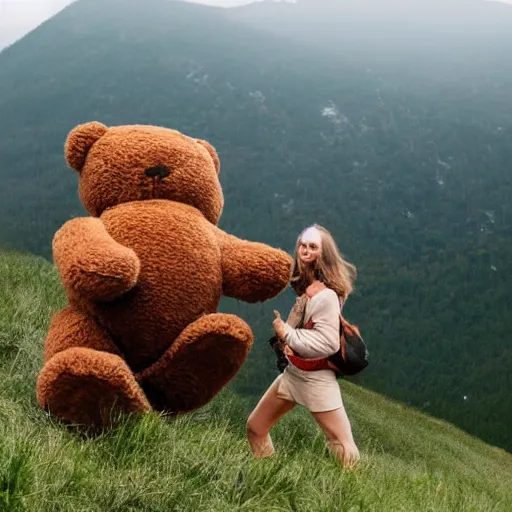 Prompt: picture of person carrying the worlds largest realistic teddy bear up a hill from a distance