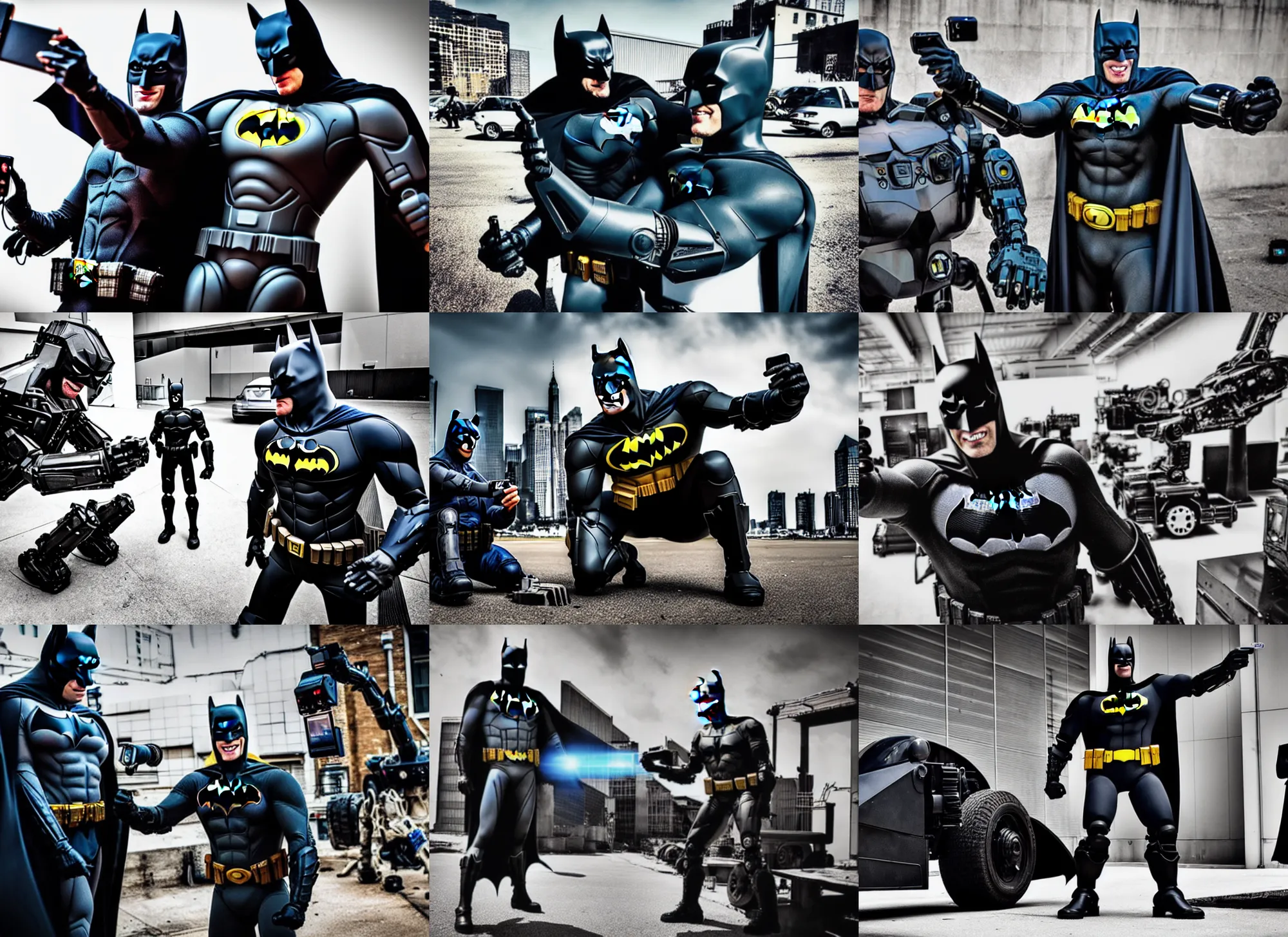 Prompt: Photography, Batman taking a selfie with robot of killer machines, big smile