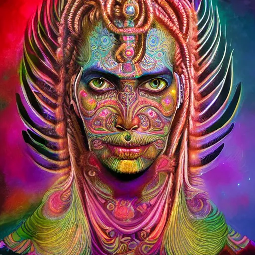 Image similar to An extremely psychedelic portrait of Shiva, surreal, LSD, face, detailed, intricate, elegant, lithe, highly detailed, digital painting, artstation, concept art, smooth, sharp focus, illustration