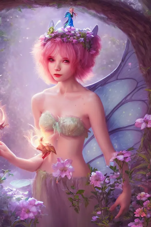 Image similar to a cute fairy in the dreamy forest, fantasy, 8 k resolution, hyper detailed, d & d, character design, digital painting, trending on artstation, sharp focus, illustration, art by artgerm, steve zheng, fuji choko, viktoria gavrilenko, hoang lap