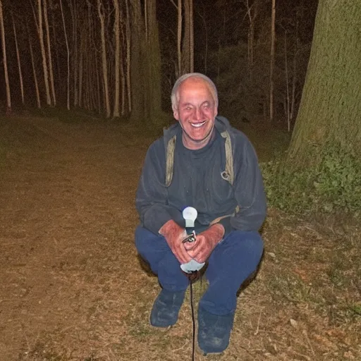Prompt: night time trail cam footage of a smiling old man