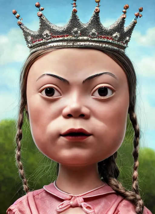 Prompt: closeup face profile portrait of tin toy greta thunberg as a nurse princess wearing a crown eating cakes, bikini, depth of field, zeiss lens, detailed, symmetrical, centered, fashion photoshoot, by nicoletta ceccoli, mark ryden, lostfish, breathtaking, 8 k resolution, extremely detailed, beautiful, establishing shot, artistic, hyperrealistic, octane render