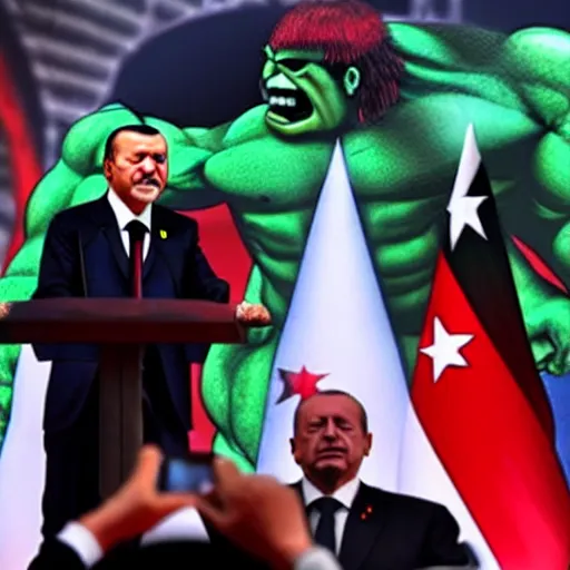 Image similar to recep tayyip erdogan and the hulk making a public speech