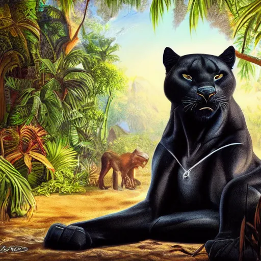 Image similar to oil on canvas of one beautiful majestic black panther. beautiful. mysterious. intricately detailed. meticulously rendered. background is a jungle. 8 k hd. trending on art station. h 7 6 8