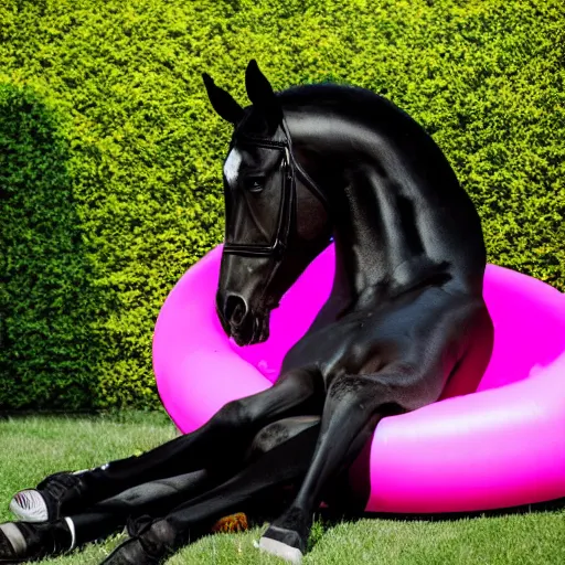 Image similar to a black horse taking a nap on a pink pool float hyperrealistic 4k 35mm fashion photography vogue magazine photoshoot