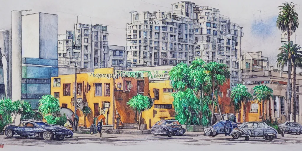 Image similar to street artists. painting of rounded bauhaus buildings in a junction in dizingof center in tel aviv. highly detailed. pen drawing painted with watercolors. colorful. low buildings. palm trees. super realistic. fluffy