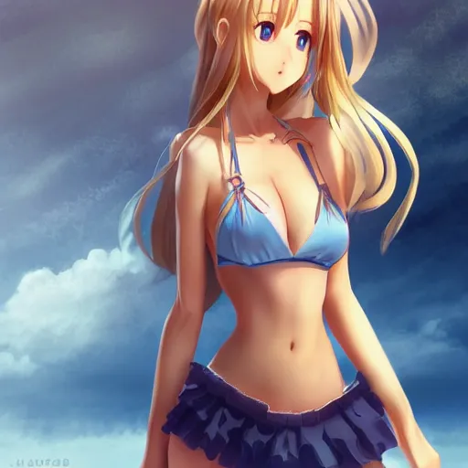 Prompt: a very beautiful young yuuki asuna, full body, long wavy blond hair, sky blue eyes, full round face,, bikini, miniskirt, front shot, highly detailed, cinematic wallpaper by stanley artgerm lau