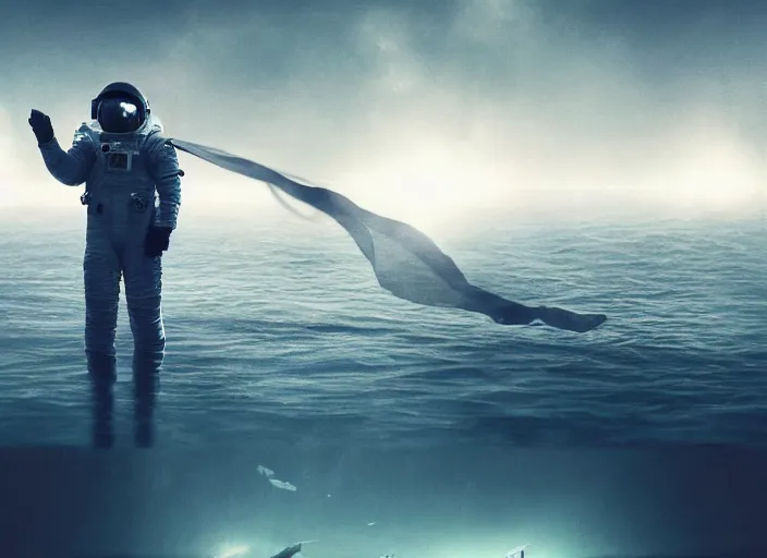 Image similar to astronaut holding a flag in an underwater desert. a submarine is visible in the distance. dark, concept art, cinematic, dramatic, atmospheric, 8 k, trending on artstation, blue, fish, low visibility, fog, ocean floor, christopher nolan, interstellar