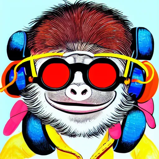 Prompt: colorful cute monkey with sunglasses and headphones, intricate ink drawing, highly detailed in the style of jamie hewlett