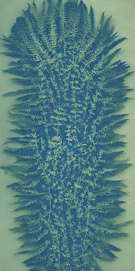 Image similar to a human face made of ferns, Cyanotype by Anna Atkins, seaweed, Algae, white on a blue background, Photography, botanical