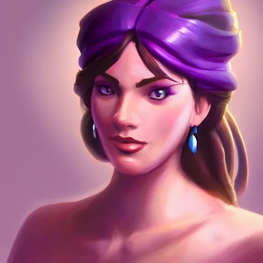 Prompt: portrait of a female genie, expressive pose, pleased expression, violet tones, highly detailed, digital painting, concept art, smooth, artstation