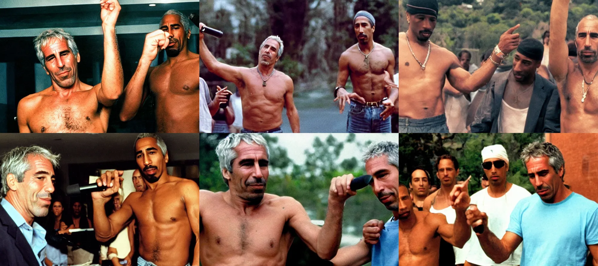 Prompt: action shot of Jeffrey Epstein shirtless holding a microphone rapping pointing at the camera with Tupac, 90s music video MTV, cinémascope, epic ultrawide shot