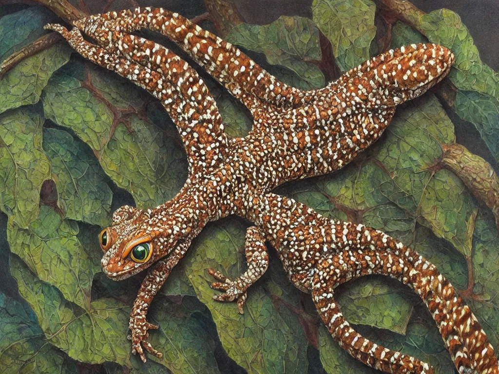 Prompt: detailed botanical illustration of a tokay gecko, intricate details, aesthetically pleasing and harmonious natural colors, art by tiffany bozic, impressionism, detailed, dark,