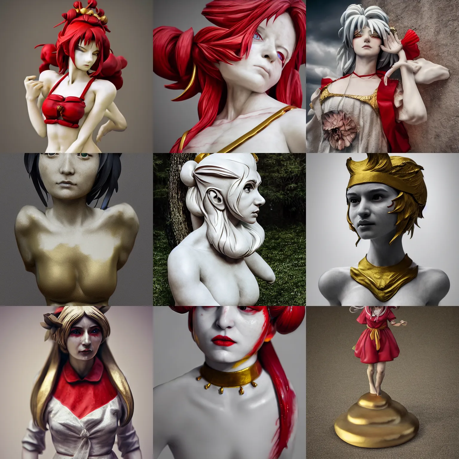 Prompt: a sculpture of reimu hakurei, by alessio albi, marble, gold, 4 k, 8 k, ultra realistic, hyperrealistic, extreme details, unreal engine 5, masterpiece