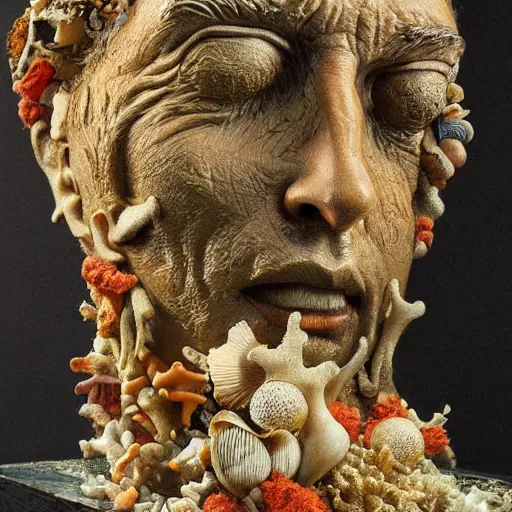 Prompt: a sculpture portrait made of shells and coral and sand and seaweed, painting part by wojciech siudmak, part by ilya repin, part by max ernst, part by norman rockwell, artstation