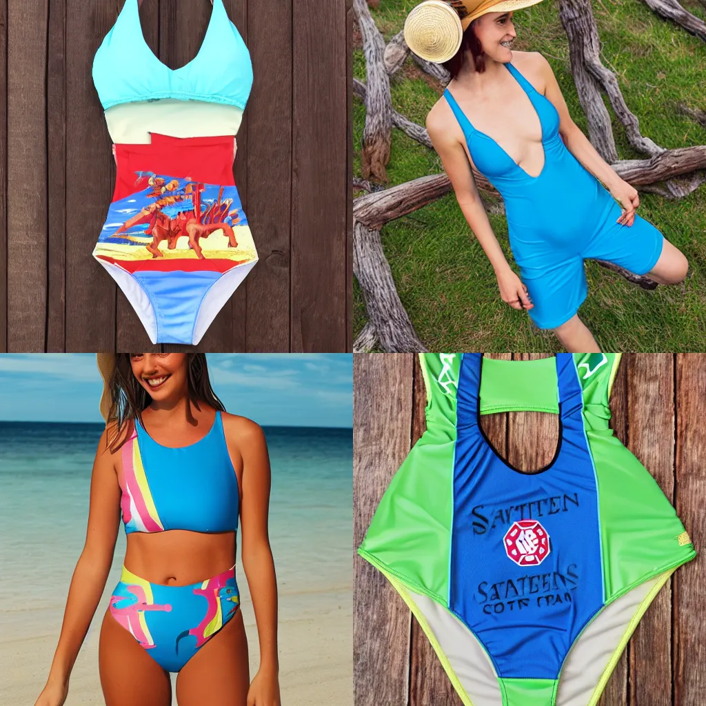 Prompt: advertising photo, settlers of catan themed swimsuit