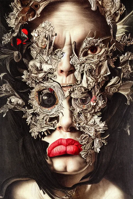 Image similar to Detailed maximalist portrait with large lips and with large eyes, angry, exasperated expression, HD mixed media, 3D collage, highly detailed and intricate illustration in the style of Caravaggio, dark art, baroque