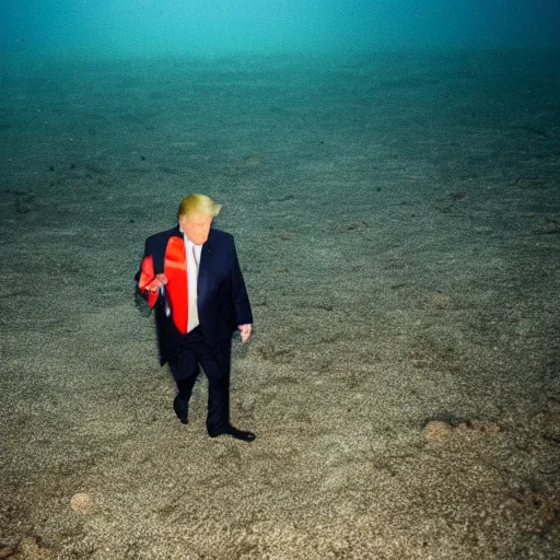 Prompt: dark footage of donald trump walking around the bottom of the ocean