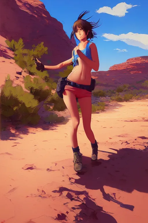 Prompt: a girl hiking in the desert, mid shot, fine - face, realistic shaded perfect anatomy, fine details. night setting. very anime style. realistic shaded lighting poster by ilya kuvshinov katsuhiro, magali villeneuve, artgerm, jeremy lipkin and michael garmash, rob rey and kentaro miura style, trending on art station