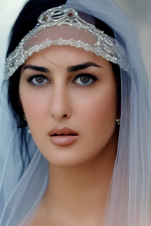 Image similar to young arab Monica Bellucci, blue eyes wearing corrective contact lenses, long wavy black hair, white veil, closeup, focus face, colored, middle eastern