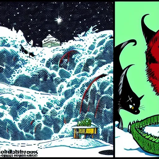 Prompt: “ johnny romita jr ” crocodile bat vs tabby cat snow storm landscape