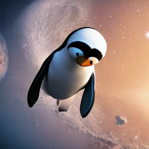 Prompt: a realistic highly detailed 3D render of a penguin dressed as an astronaut, floating in space, moon in the background, octane render, 4k, trending