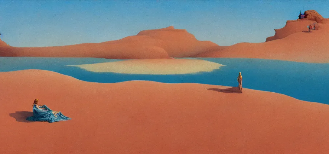 Prompt: a golden salt flat surrounded by dunes with a ruined statue of a woman emerging from the blue sand, illustrated, epic composistion,, edward hopper and zdzislaw beksinski, volumetric lighting, surreal flat colors, concept art