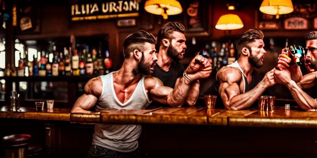 Image similar to a photo of a bar fight inside a pub between good looking people, Leica, symmetrical faces, muscles, detailed faces, accurate faces, 4k, 3D render, hyperrealism, editorial, photorealistic, crisp details, sharp focus, wide angle lens, octane render, cinematic lighting