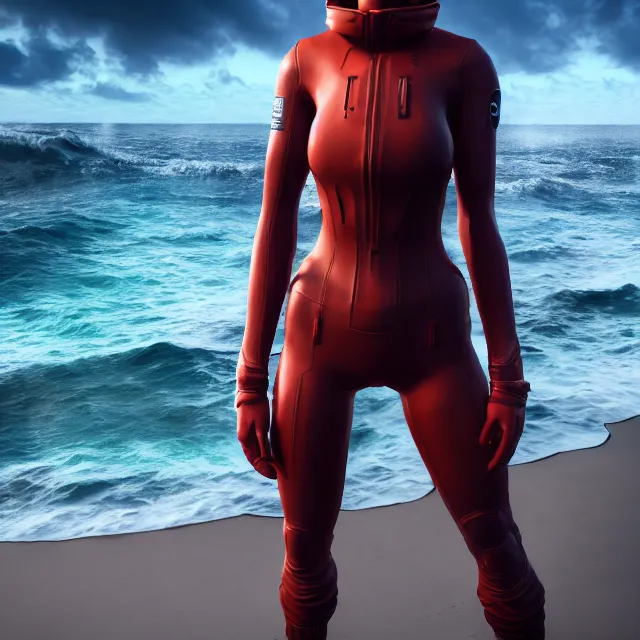 Prompt: full body shot, techwear outfit hero pose of a beautiful red haired girl with very light skin with ocean in the background, highly detailed, 8 k, hdr, digital art, octane render, neo classical appeal award - winning, trending on artstation, ann stokes