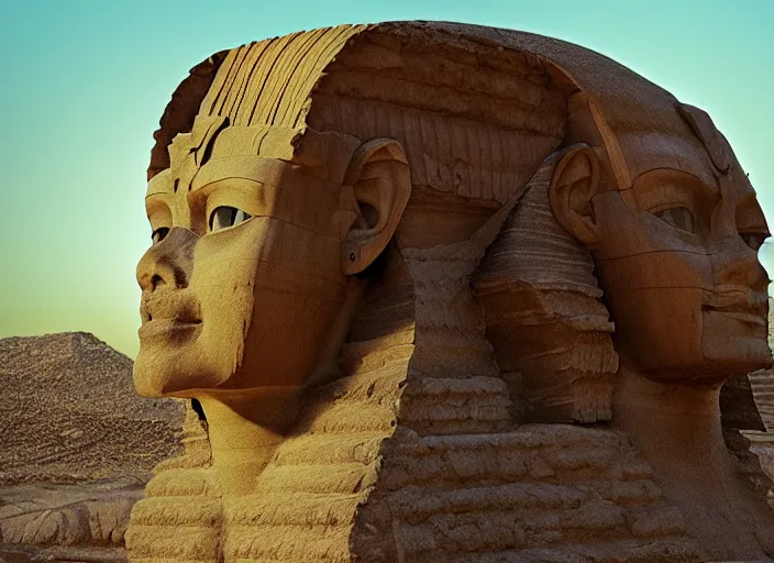 Image similar to 3 d render of kelsey grammer's head on a sphinx body, egyptology, ancient aliens, grainy cinestill film landscape photo, blender, monument, 8 k