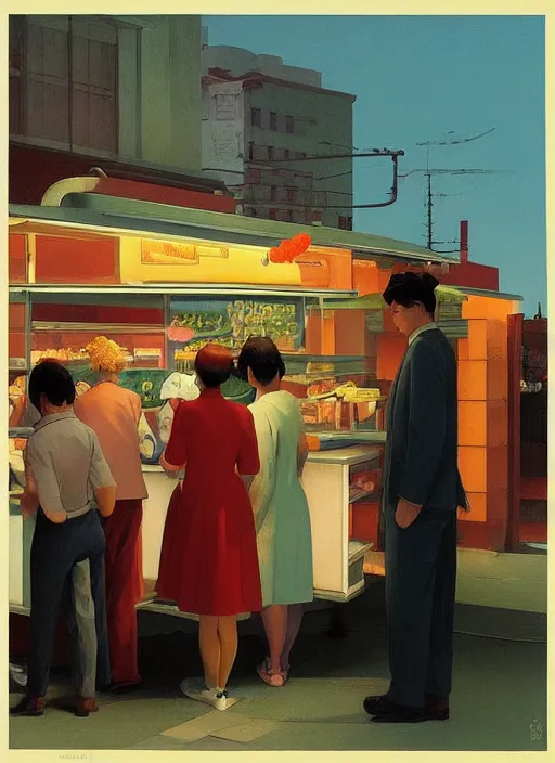 Image similar to crowd around ice cream cart in Tokyo Edward Hopper and James Gilleard, Zdzislaw Beksinski highly detailed