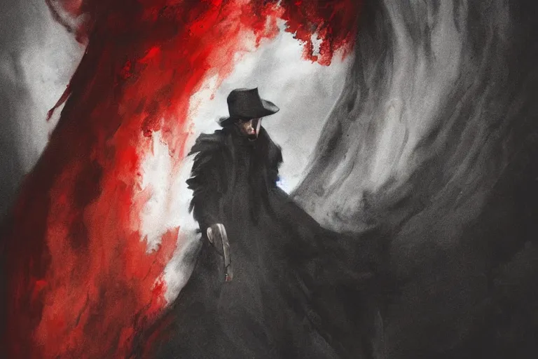 Prompt: on a gathering storm comes a tall handsome man in a dusty black coat with a red right hand, fantasy art, award-winning, extremely detailed, high quality, eerie,