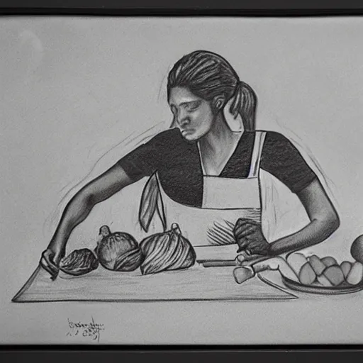 Image similar to charcoal action - drawing of a woman cooking, chopping vegetables, dramatic