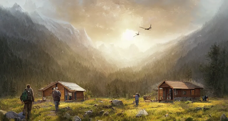 Prompt: cabela's beautiful comfortable community of modular insulated wall container home kit - house all weather family dwelling tent house, person in foreground, mountainous forested wilderness open fields, beautiful views, painterly concept art, environmental concept art, concept art illustration, by james gurney, by craig mullins, by greg rutkowski trending on artstation