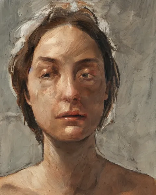 Image similar to a close up portrait a very ordinary young woman with a distracted expression, low angle, facing front, looking up, by Lucian Freud and Jenny Saville, oil painting, anatomically correct, beautiful perfect face, visible brushstrokes, sharp focus, Highly Detailed, Cinematic Lighting, 8k, HD