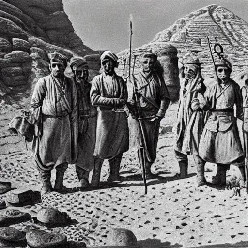 Image similar to ultra detailed photorealistic sepia - toned painting from 1 9 1 7, a small group of british soldiers standing with bedouin traders in traditional arab garb, at an archaeological dig site in wadi rum, ultra realistic, painted, intricate details, lovecraft, atmospheric, dark, horror, brooding, highly detailed, by clyde caldwell