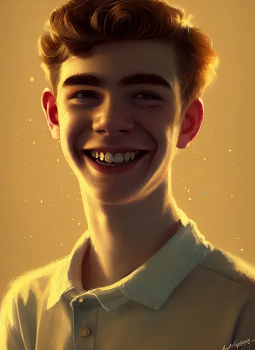 Image similar to portrait of teenage archie andrews, freckles, curly middle part haircut, curly hair, smiling kindly, friendly, 1 9 5 0 s, intricate, elegant, glowing lights, highly detailed, digital painting, artstation, concept art, smooth, sharp focus, illustration, art by wlop, mars ravelo and greg rutkowski