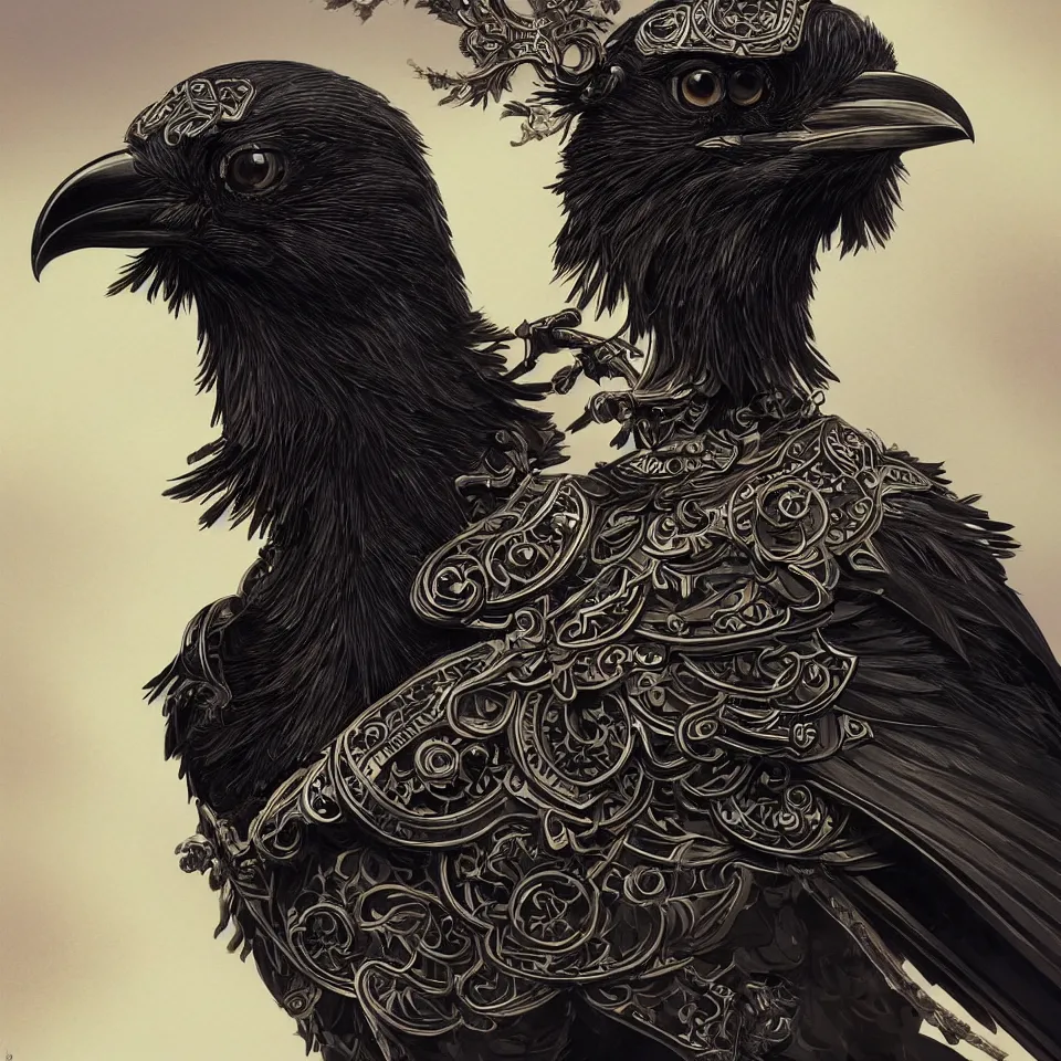 Image similar to beautiful black raven bird with ornate armor, cute, intricate, highly detailed, digital painting, trending on artstation, concept art, smooth, sharp focus, backlit, rim light, vivid colors, illustration, unreal engine 5, 8 k, art by rossdraws and alphonse mucha