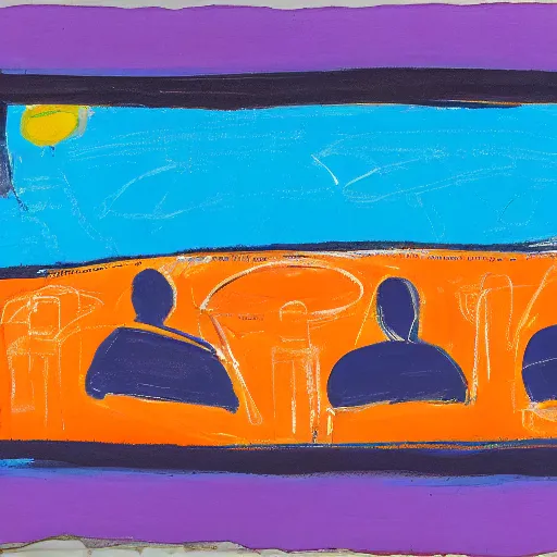 Image similar to fluorescent blue, dark orange by etel adnan daring. the land art shows four people sitting in a diner late at night. the people in the land art look tired & lonely. the land art is set in new york city & shows the city's skyline in the background.